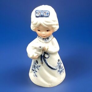 Jasco Vintage Bisque Porcelain Bell Girl‎ w/ Bunny And Blue Flowers Collectible